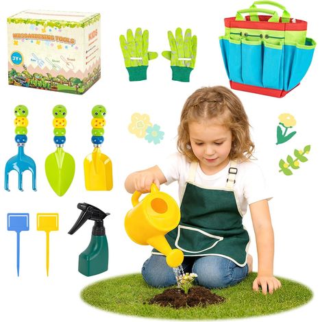 Kit Jardinage Enfant 3+ Ans: Extérieur Set Outils Jardinage Enfant, Jouet avec Pelle, Tablier, Arrosoir,Gant, Fourche, Jeux de Jardin Cadeau Garçon Fille