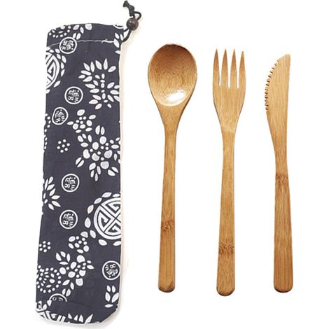 Ensemble de couverts en bambou naturel, fourchette cuillère couteau avec sac en tissu, outils de cuisine 3 pièces/ensemble (1/5)