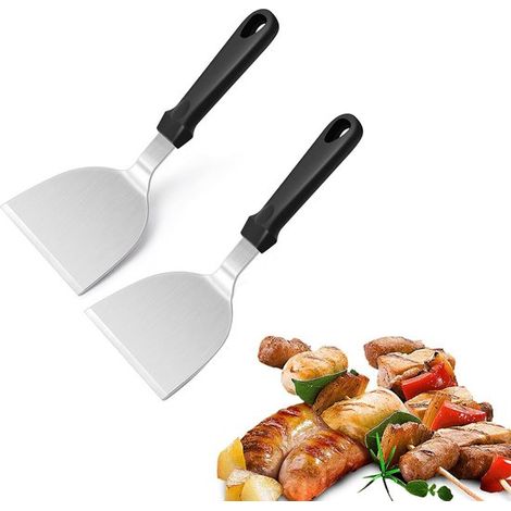 Spatola/girante in metallo a 2 pezzi in acciaio inox, 25 x 12 cm, con manico in plastica, per padelle teppanyaki piatte, adatta anche per fuochi aperti e grigliate, C (1/5)
