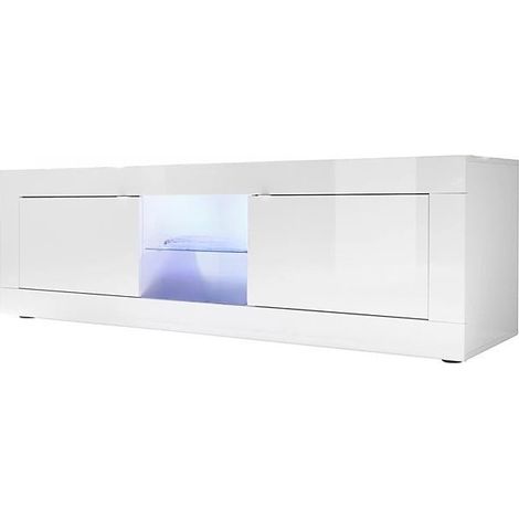 Meuble TV - BASICO - 2 portes - Blanc laqué brillant - 180 x 43 x 56 cm (1/5)