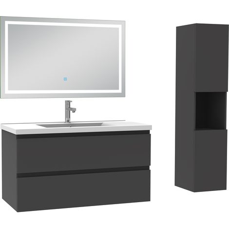 Ensemble meuble de salle de bain 100cm, vasque céramique + colonne haut + LED miroir mural, anthracite (1/5)