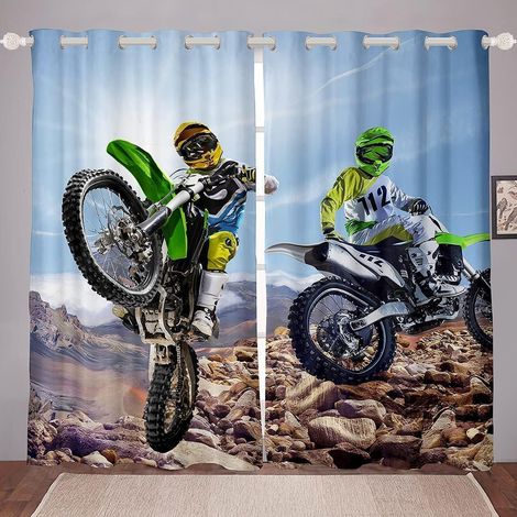 Motif Moto Cross Lot de 2 Rideaux Occultants, Motocross 3D Impression Moto Rideau Thermique Isolant Anti Froid, 140x240, Rideau Occultant avec Œillets Rideau Fenetre - 140L X 240H cm (2 Panneaux) (1/5)