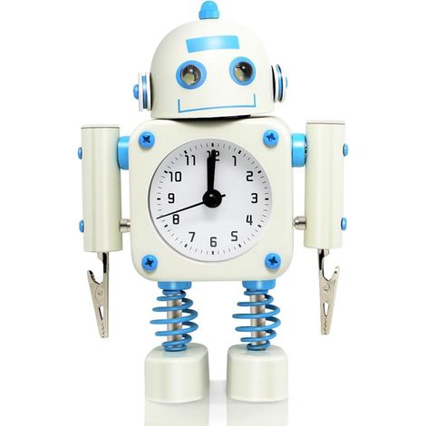 Réveil robot [Sans tic-tac] en métal inoxydable - Réveil avec yeux lumineux clignotants et pince pour les aiguilles (1/4)