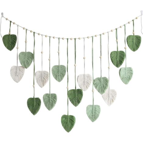 Tapisserie de Feuilles de Macramé Grande avec Perles en Bois, 120 x 75 cm Tapisserie Murale, Macrame Mural Fait Main Feuille, pour l'Extérieur, le Salon, la Chambre à Coucher (1/3)