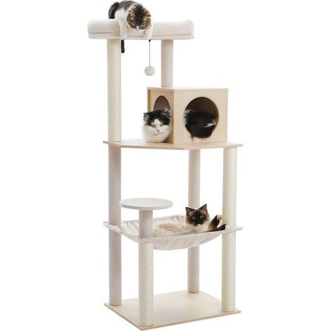 Pawz Road – Arbre à chat beige avec 5 griffoirs en sisal naturel – 2 perchoirs supérieurs – Condo confortable et plateforme pour plusieurs chats (1/5)