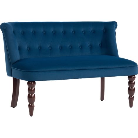 Velvet 2 Seater Sofa, Button Tufted Wingback Loveseat Rubber Wood Legs for Living Room, Bedroom, Dark Blue (1/5)