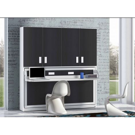 Lit escamotable 140x190 P 53cm anthracite avec étagères et bureau Miko (1/5)