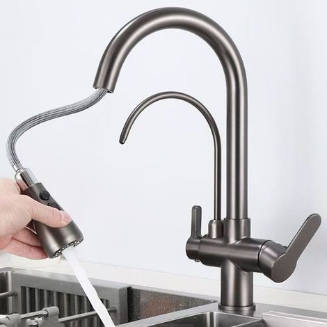 All-copper kitchen faucet, pull-out type, hot and cold drinking water, three-in-one faucet for sinks and vegetable wash basins - gunmetal gray copper body [one-button stop valve]