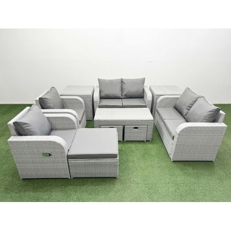 Fimous 9 Seater Outdoor Reclining Chair Love Sofa Set Rattan Garden Furniture Set with Oblong Coffee Table 3 Stools 2 Side Table Light Grey (1/4)