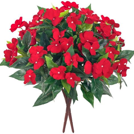 Künstlicher Impatiens-Strauß mit 7 Stielen für Terrasse, Rasen, Garten, Hochzeitsdekoration, Foto-Requisiten (2 Stück) Rot