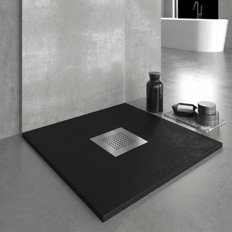 Receveur de douche 80x90 cm extra plat en résine minérale SLATE noir Grille inox
