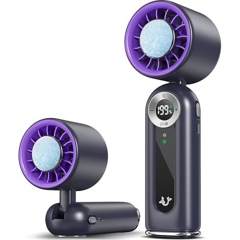 Mini ventilatore portatile con funzione di raffreddamento, ricaricabile, con display e luce LED, pieghevole, ideale per ufficio, casa e camera da letto, colore grigio. (1/5)