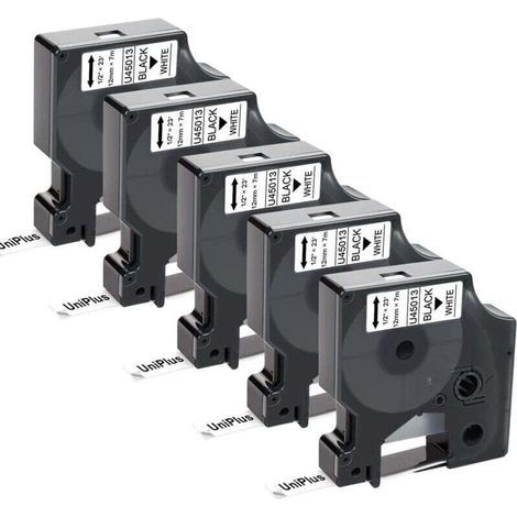 5 Etikettenbänder, kompatibel mit Dymo D1 45013 S0720530, für Dymo LabelManager 100, 150, 120P, 160, 200, 280, 220P, 210D, 260P, PnP, 360D, 12 mm x 7 m, Schwarz auf Weiß (1/4)
