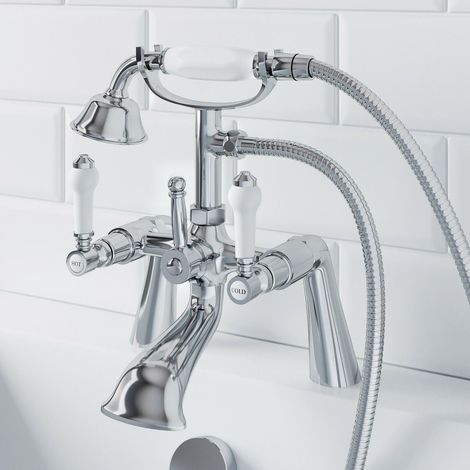 Traditional Bathroom Bath Shower Handset Head Mixer Tap Lever Handle Chrome (1/5)