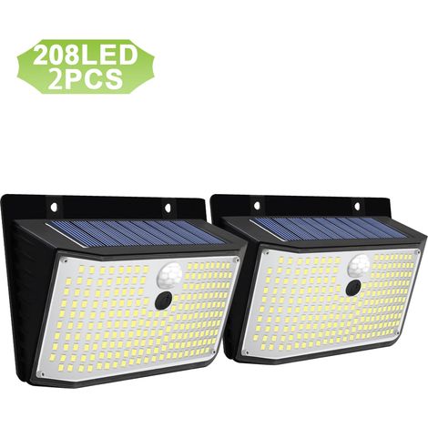 (208 LED - Lot de 2) Lampe solaire murale extérieure étanche, sans fil, avec détecteur de mouvement et 3 modes d'éclairage. Idéale pour jardin, clôture, terrasse ou garage. (1/5)