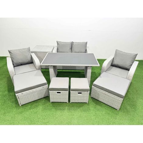 Fimous 8 Seater Patio Garden Furniture Sets with Dining Table Love Sofa Side Table 4 Stools Light Grey (1/4)