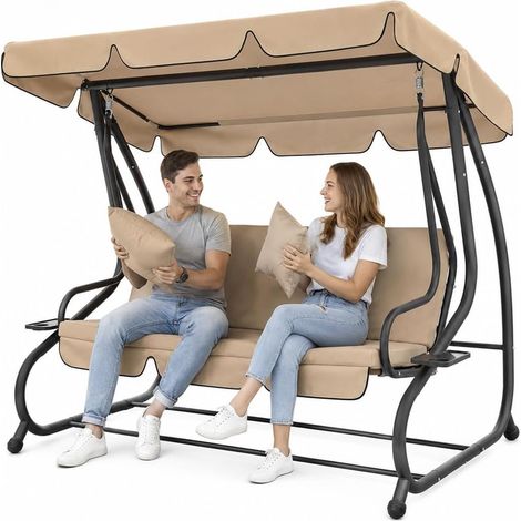 Dondolo Letto da Giardino 3 Posti Tetto Reclinabile Cuscini Beige 235x126x170 cm