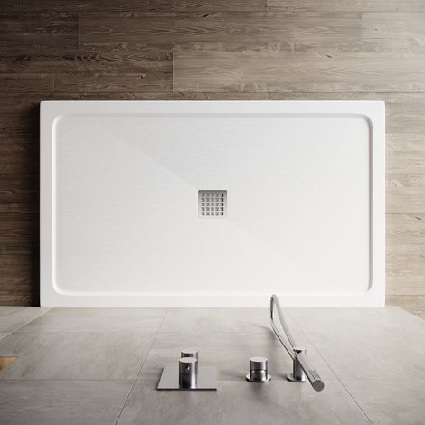 ELEGANT Modern Rectangular Shower Tray SMC Slate Texture Non-slip Design Shower Enclosure Tray, Stainless Steel Cover, White 1500x900mm + Free Waste Trap