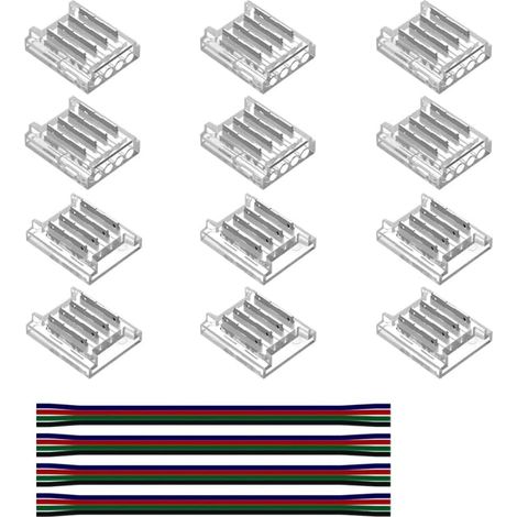 12 Stück 4-polige 10-mm-LED-Steckverbinder mit 4 Verlängerungskabeln (22 AWG) für 5050 SMD RGB-Streifen, lötfrei, 12 V/24 V adressierbare RGB-Verlängerung, 4-polig, lückenlos, transparent