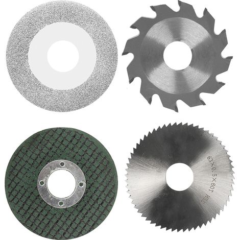 Lot de 4 lames pour tronçonneuse : 1 disque résine Ø63mm, 1 disque émeri Ø60mm, 1 lame HSS Ø63mm et 1 lame alliage Ø63mm