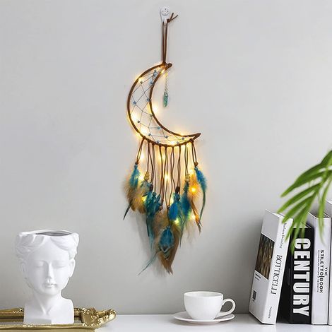 Capteur De Rêves En Plumes, Attrape Rêve Lumineux Fait Main Mobiles Attrape-Rêves Rétro Romantique Décor (Bleu) (1/5)