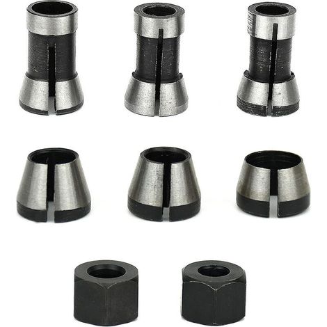 6Pcs Mandrin de Fraiseuse, 6 mm 6.35 mm 8 mm Collet Mandrin Affleureuse, Mandrin de Fraise à Bois, Pince de Serrage Defonceuse, Adaptateurs de Pince pour Machine à Graver +2 Écrous (1/5)