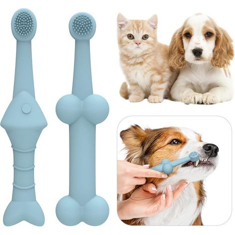 Spazzolino da denti per cani (confezione da 2), in silicone, per animali domestici e gatti (blu, universale).