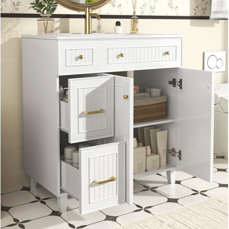 Mueble bajo lavabo de baño 81,7 cm con lavabo de cerámica, MDF lacado blanco (1/5)
