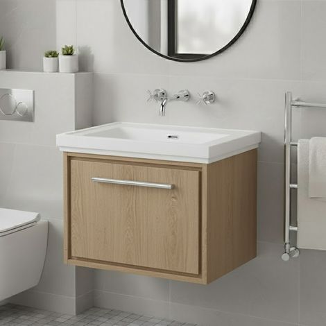 Hudson Reed Lille Wall Hung 1-Drawer Vanity Unit with 0TH Classique Basin 600mm Wide - Bleached Oak