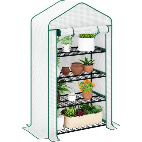 Balkon-Gartengewächshausregal, 4 Ebenen, 90 x 49 x 160 cm, verzinkter Stahl, abnehmbare PE-Abdeckung mit hoher Dichte, weiß