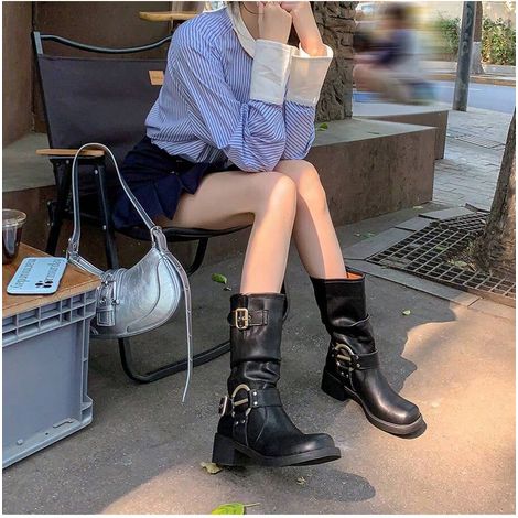 Bottes mi-mollet en cuir souple véritable avec boucle de ceinture, style motard, pour femmes (1/3)