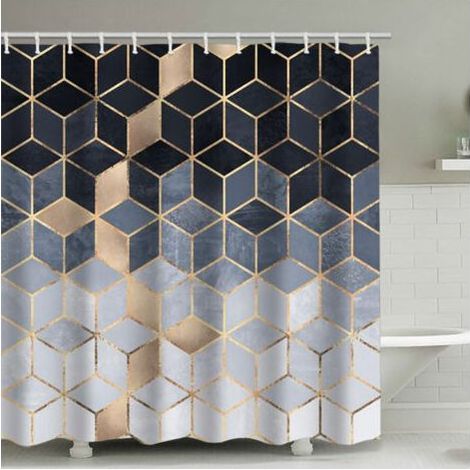 Rideau de douche dégradé bleu, ensemble rideau de douche moderne géométrique avec lignes cubiques dorées, accessoire de salle de bain (1/3)