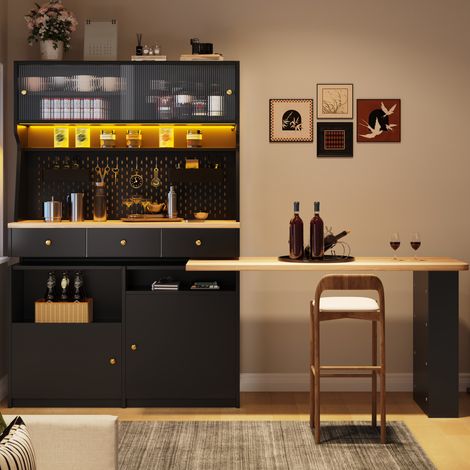 Armoire haute 137×74×177,7 cm avec bureau intégré et LED, noire (1/5)