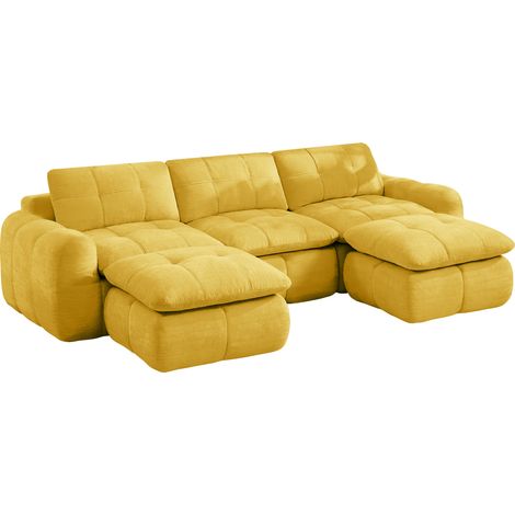 Divano modulare a U 3 posti in ciniglia gialla con 2 pouf, senza montaggio (1/5)