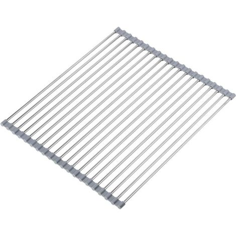 Collapsible stainless steel dish drainer, grey dish drainer, 20 tubes 50 x 40 cm, 1 kitchen counter mat