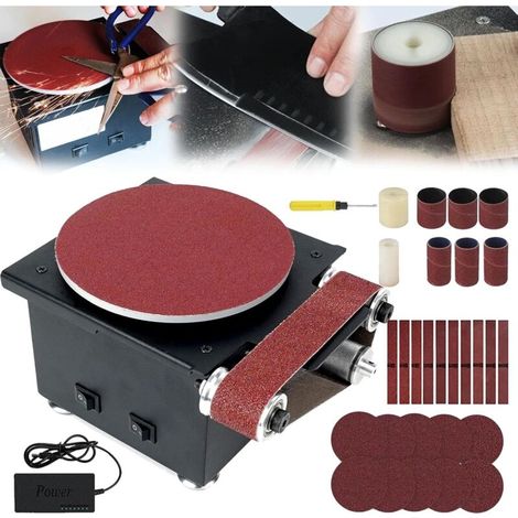 Ponceuse à Bande, 350W Ponceuse à Disque à Bande Ponceuse à Disque Table Diamètre Disque Ponçage 150mm 10 Disques Papier Verre 10 Bandes Abrasives 2 Rouleaux 6 Bandes Abrasives Convient (1/5)