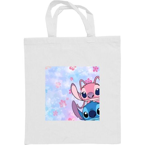 Sac en tissu Sac de courses en tissu durable blanc, taille unique. Joli motif avec Stitch et un ange sur fond floral pastel blanc.