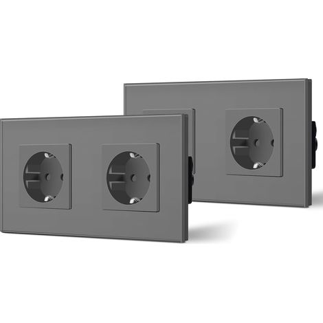Prise Schuko 2 paquets, plaque en verre d'alimentation de 16 A, prise encastrée de 2 Gang, prise murale de 157 mm Un seul Incruster au mur Gris (1/5)