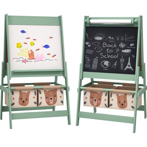 Tableau chevalet enfant ardoise double face craie rouleau papier 2 paniers rangement 54 x 46,5 x 93 cm vert