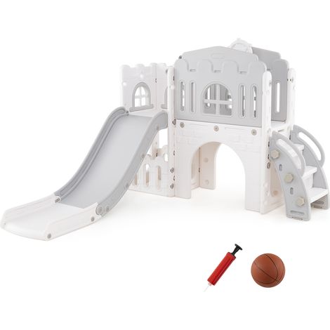 Toboggan 9 en 1 pour Tout-petits, Toboggan en Forme de L et Ensemble d'Escalade avec Panier de Basket, Télescope, Volant, Allée, Blanc + Gris (1/5)