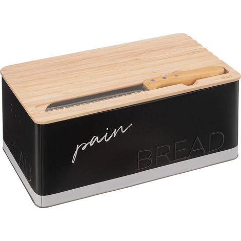 Schwarzer Brotkasten mit Schneidebrett und Messer, 32,7 x 20,2 x 14,5 cm (1/5)