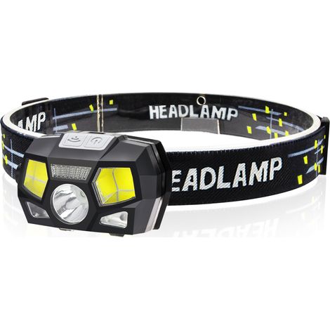 LED-Stirnlampe, 5 Beleuchtungsmodi, batteriebetrieben und über USB wiederaufladbar, Stirnlampe mit Bewegungssensor für den Außenbereich (1/5)