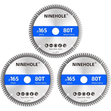3 Circular Saw Blades 165 x 20 mm (Ring 16 mm), 80 Teeth Clean Cuts, Cutting Disc for Wood, Dryer, Laminate, Partition, Plywood, Plastic (1/5)