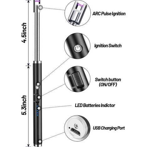 GROOFOO Allumeur d'Arc Électrique Rechargeable avec Affichage LED de la Batterie Allumeur USB à Long Manche Flexible pour Allumer les Bougies,les Réchauds à Gaz,le Camping et le Barbecue Noir