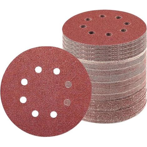 Papel de lija, 100 piezas, 125 mm, Discos de lijado, Granulometría 40/60/80/100/120/150/180/240/320/400, Redondos, Para metal y madera (1/5)