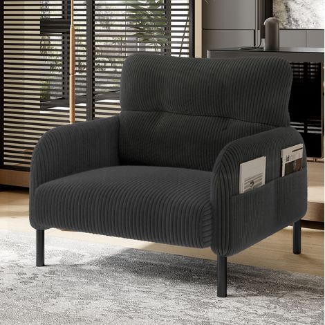 Sillón individual de chenilla, asiento profundo, reposabrazos con bolsillo lateral, estructura de metal, gris (1/5)