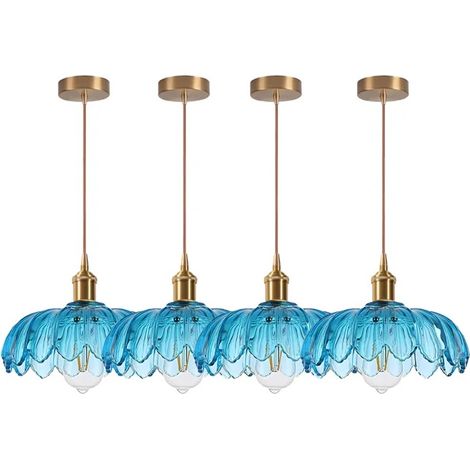 4x Suspension Luminaire Moderne,Lustre Vintage Abat-jour en Verre Design Fleurs Bleu Lampe de Plafond Retro pour Salon (1/5)