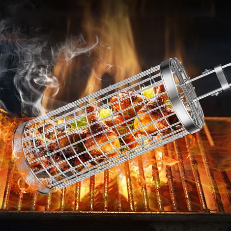 Cesta giratoria para parrilla (abierta y cerrada) - Cesta de acero inoxidable con mango de madera - Red enrollable para parrilla, ideal para acampar, hacer barbacoas y picnics. (1/5)