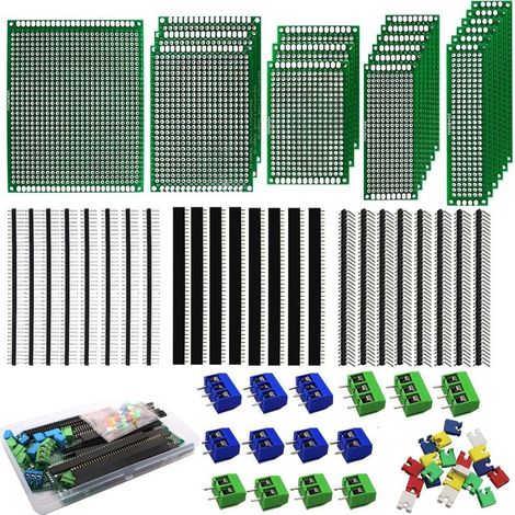 82 pièces Kit PCB double face, plaques prototypage soudables, borniers à vis, capuchons de cavalier, connecteurs 40 broches, pour projets Arduino et électronique DIY (1/5)