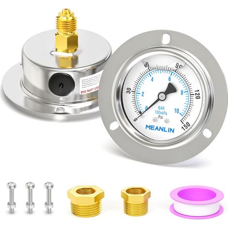 010BAR/150PSI Manomètre à liquide, montage sur panneau à bride avant, boîtier en acier inoxydable 1/4"BSP 1.5" avec vis et écrou Phillips, +/-3-2-3%. (1/5)